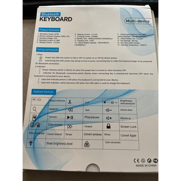 Bluetooth Keyboard 150 hours without light 
3 hours with backlight - Picture 3 of 3